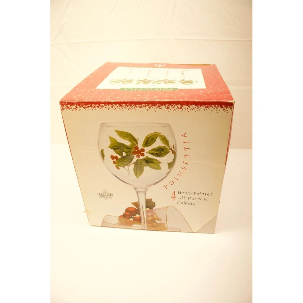 Block Basics Poinsettia Hand Painted All Purpose Goblets Set of 4 Christmas Wine